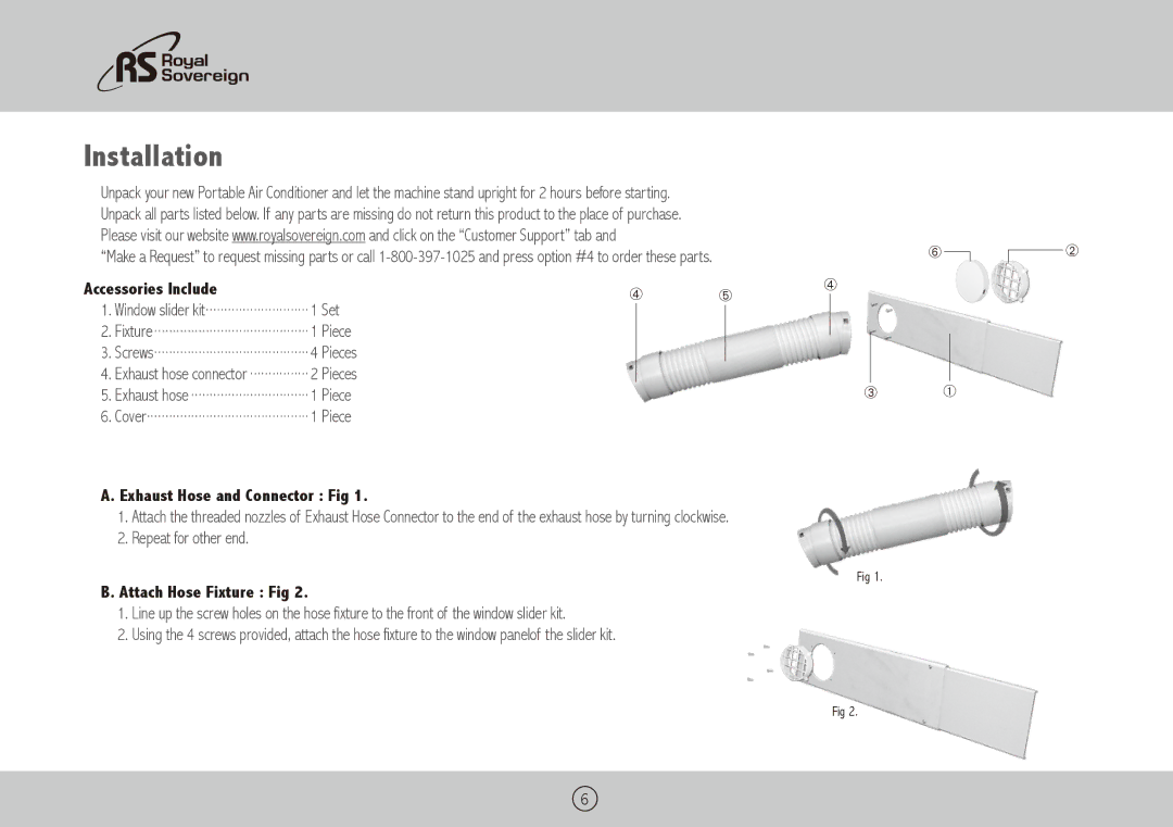 Royal Sovereign ARP-1010 Installation, Accessories Include, Exhaust Hose and Connector Fig, Attach Hose Fixture Fig 