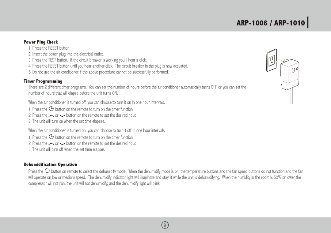 Royal Sovereign ARP-1008, ARP-1010 owner manual Power Plug Check, Timer Programming, Dehumidification Operation 