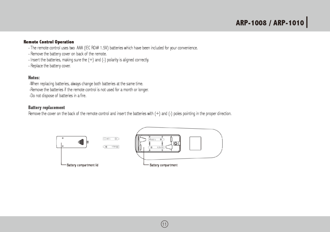 Royal Sovereign owner manual ARP-1008 / ARP-1010, Remote Control Operation, Battery replacement 