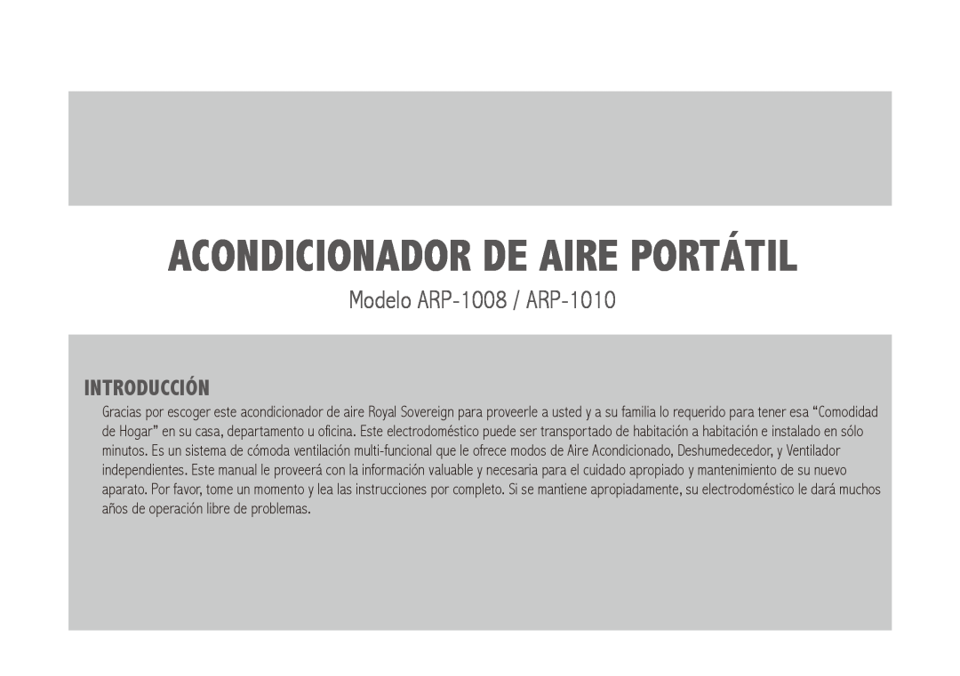 Royal Sovereign owner manual Acondicionador de Aire Portátil, Modelo ARP-1008 / ARP-1010, Introducción 