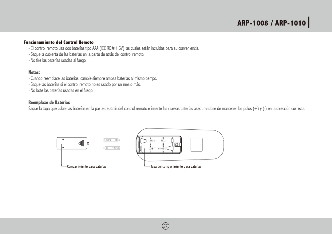 Royal Sovereign owner manual ARP-1008 / ARP-1010, Funcionamiento del Control Remoto, Notas, Reemplazo de Baterías 