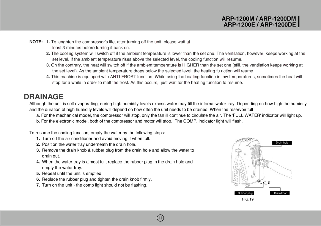 Royal Sovereign ARP-1200DM, ARP-1200M, ARP-1200DE owner manual Drainage 