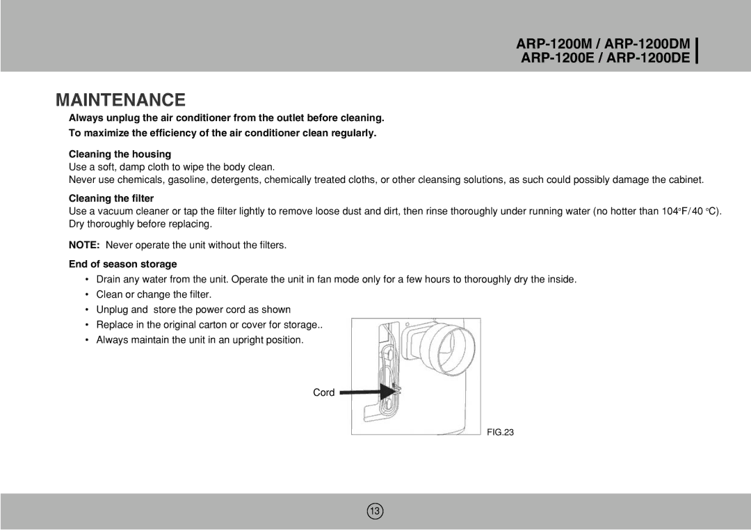 Royal Sovereign ARP-1200DE, ARP-1200M, ARP-1200DM owner manual Maintenance, Cleaning the filter, End of season storage 