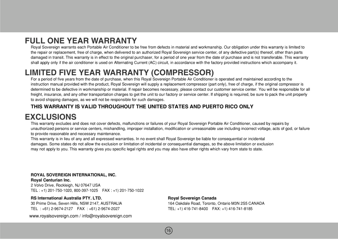 Royal Sovereign ARP-1200DE, ARP-1200M, ARP-1200DM Full ONE Year Warranty, Limited Five Year Warranty Compressor, Exclusions 