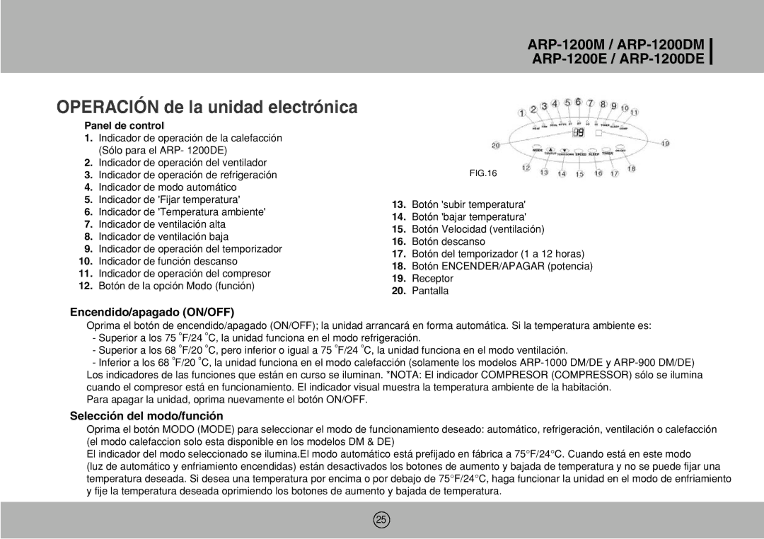 Royal Sovereign ARP-1200DE, ARP-1200M, ARP-1200DM owner manual Selección del modo/función, Panel de control 