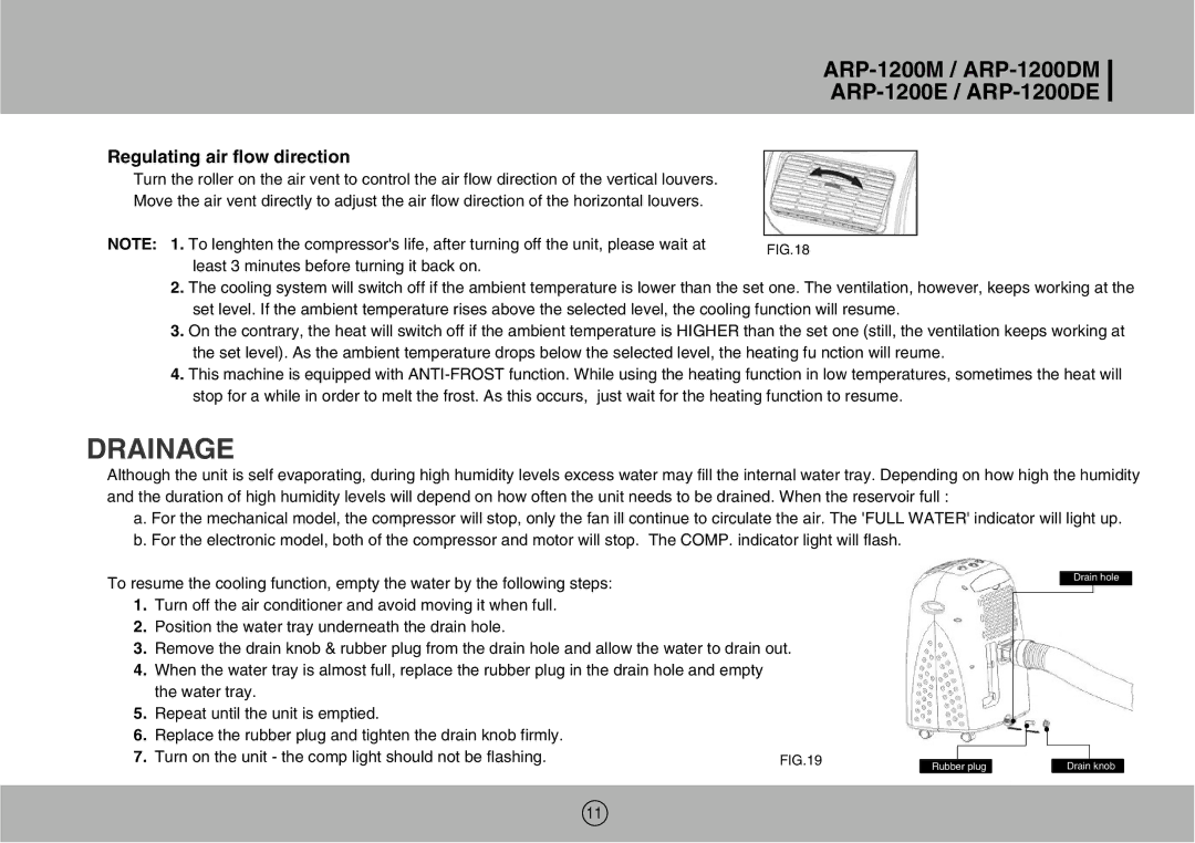 Royal Sovereign ARP-1200M owner manual Drainage, Regulating air flow direction 