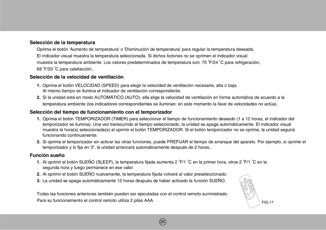 Royal Sovereign ARP-1200M owner manual Selección de la temperatura, Selección de la velocidad de ventilación, Función sueño 