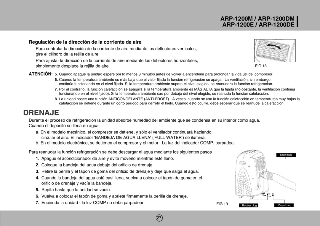 Royal Sovereign ARP-1200M owner manual Drenaje, Regulación de la dirección de la corriente de aire 