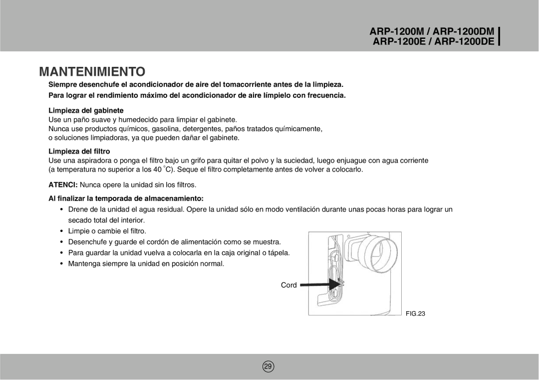 Royal Sovereign ARP-1200M owner manual Mantenimiento, Limpieza del filtro, Al finalizar la temporada de almacenamiento 