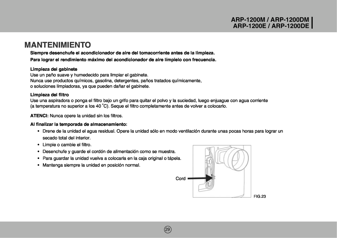 Royal Sovereign ARP-1200M owner manual Mantenimiento, Limpieza del gabinete, Limpieza del filtro 