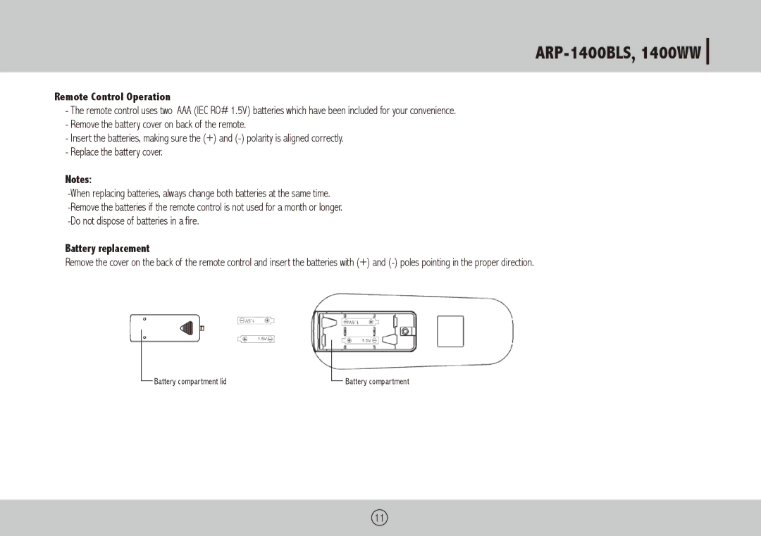 Royal Sovereign ARP-1400WW, ARP-1400BLS owner manual Remote Control Operation, Battery replacement 