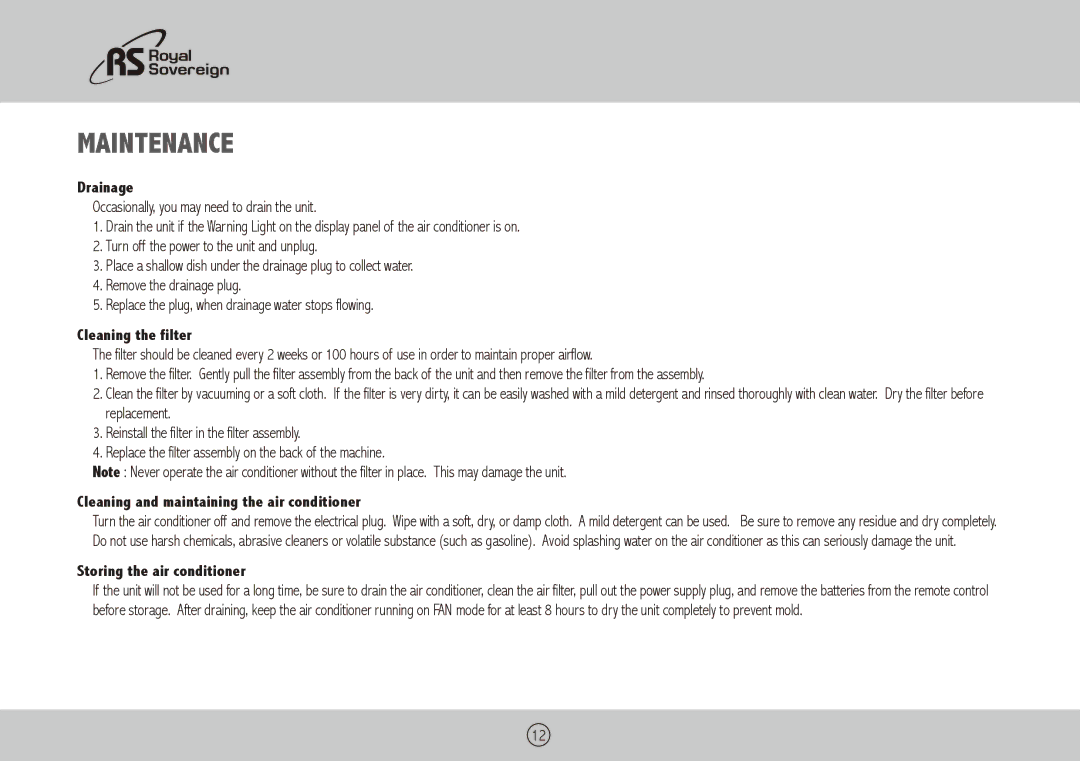 Royal Sovereign ARP-1400BLS Maintenance, Drainage, Cleaning the filter, Cleaning and maintaining the air conditioner 