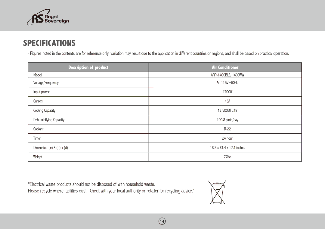 Royal Sovereign ARP-1400BLS, ARP-1400WW owner manual Specifications, Description of product Air Conditioner 