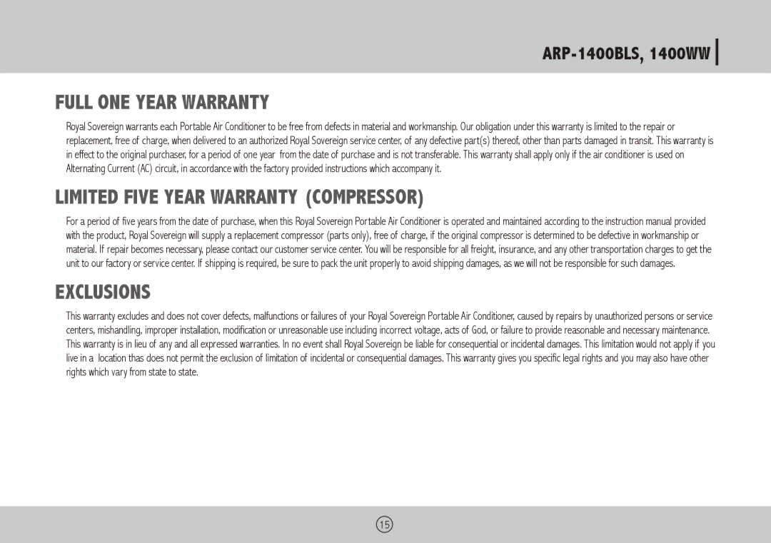 Royal Sovereign ARP-1400WW, ARP-1400BLS owner manual Full ONE Year Warranty 