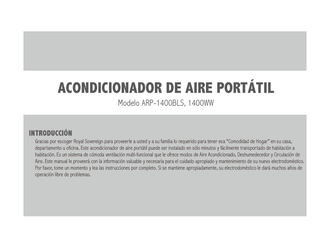 Royal Sovereign ARP-1400BLS, ARP-1400WW owner manual Acondicionador de Aire Portátil 