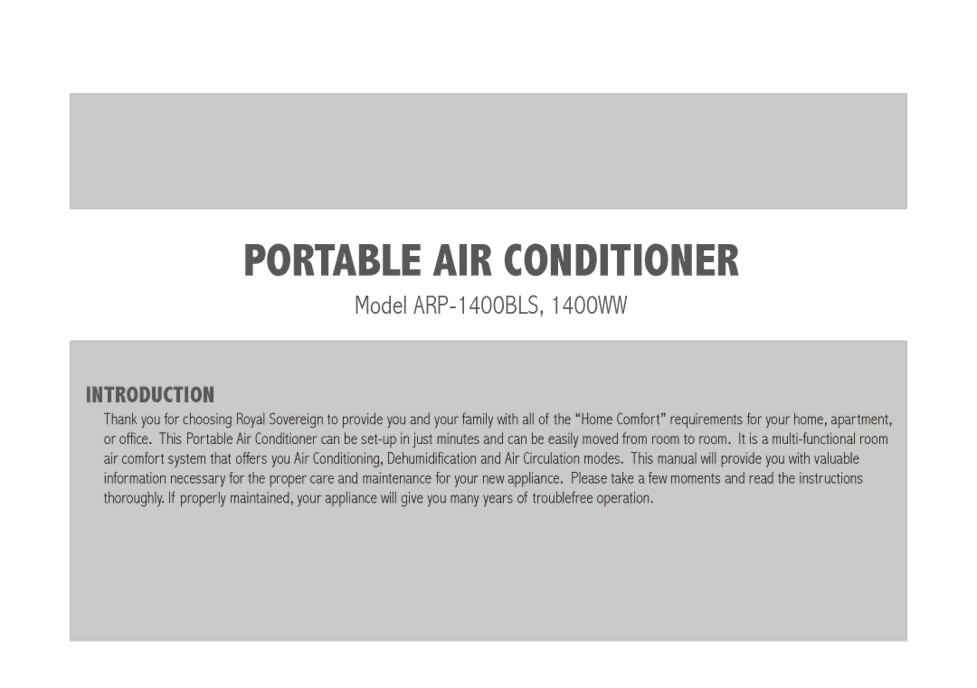 Royal Sovereign ARP-1400BLS, ARP-1400WW owner manual Portable air conditioner 