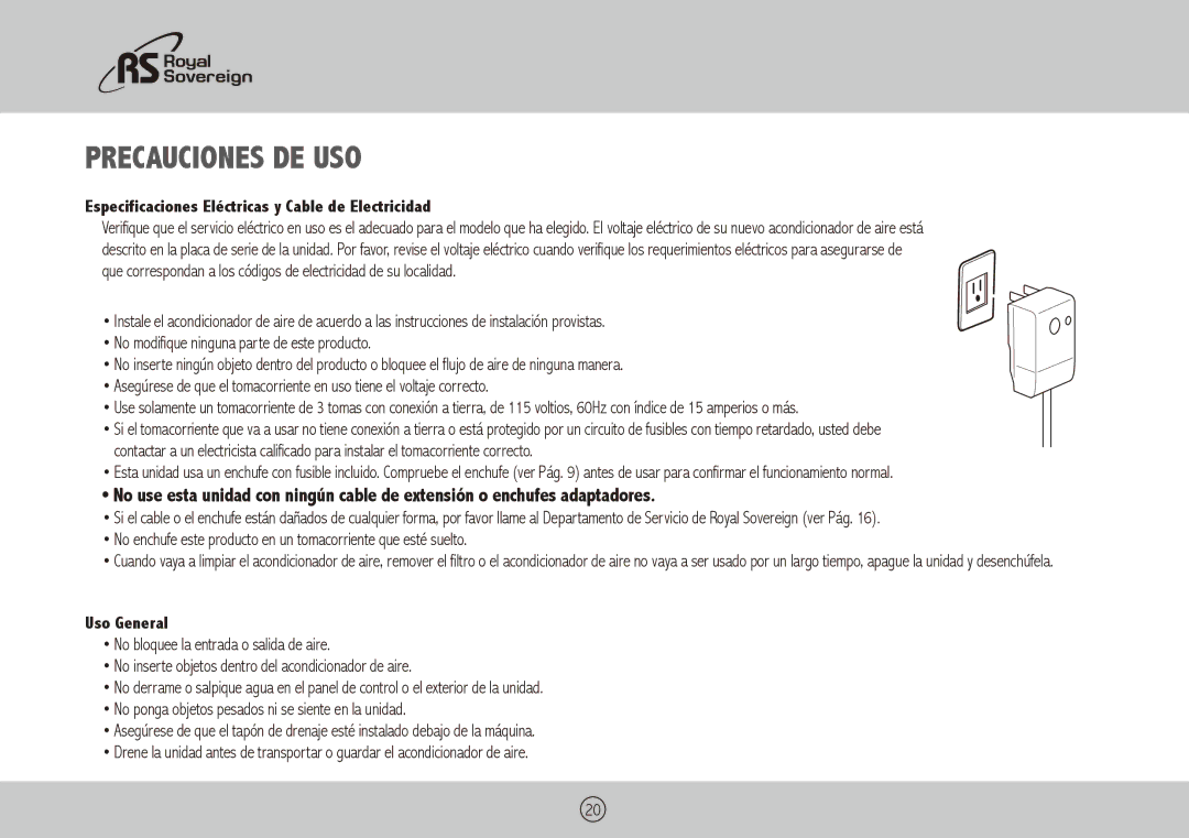 Royal Sovereign ARP-1400BLS Precauciones de Uso, Especificaciones Eléctricas y Cable de Electricidad, Uso General 