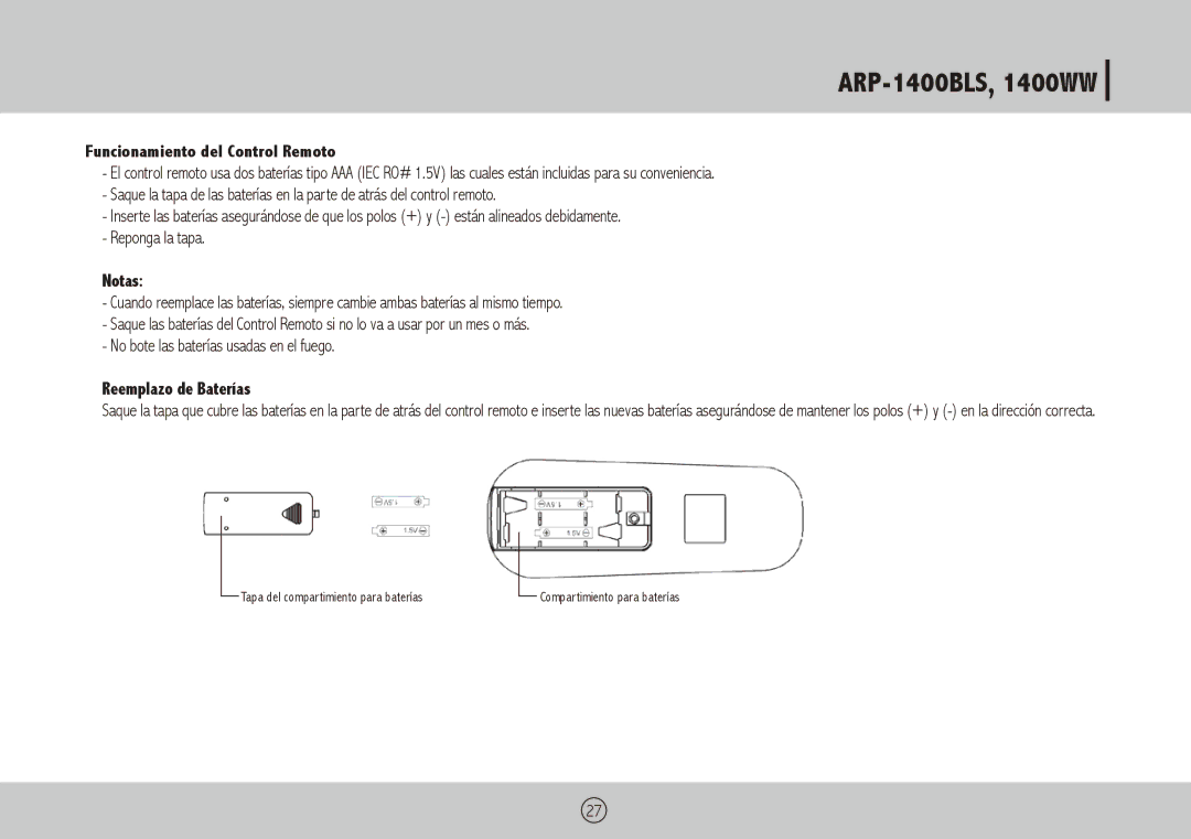 Royal Sovereign ARP-1400WW, ARP-1400BLS owner manual Funcionamiento del Control Remoto, Notas, Reemplazo de Baterías 