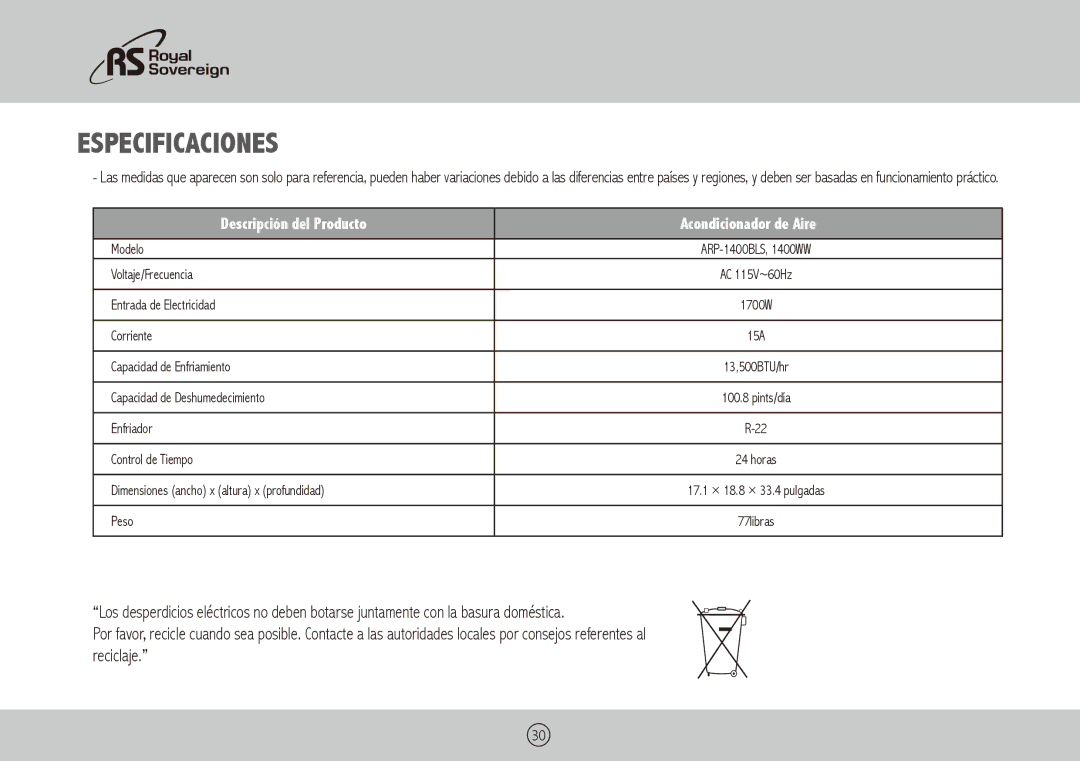 Royal Sovereign ARP-1400BLS, ARP-1400WW owner manual Especificaciones, Descripción del Producto Acondicionador de Aire 