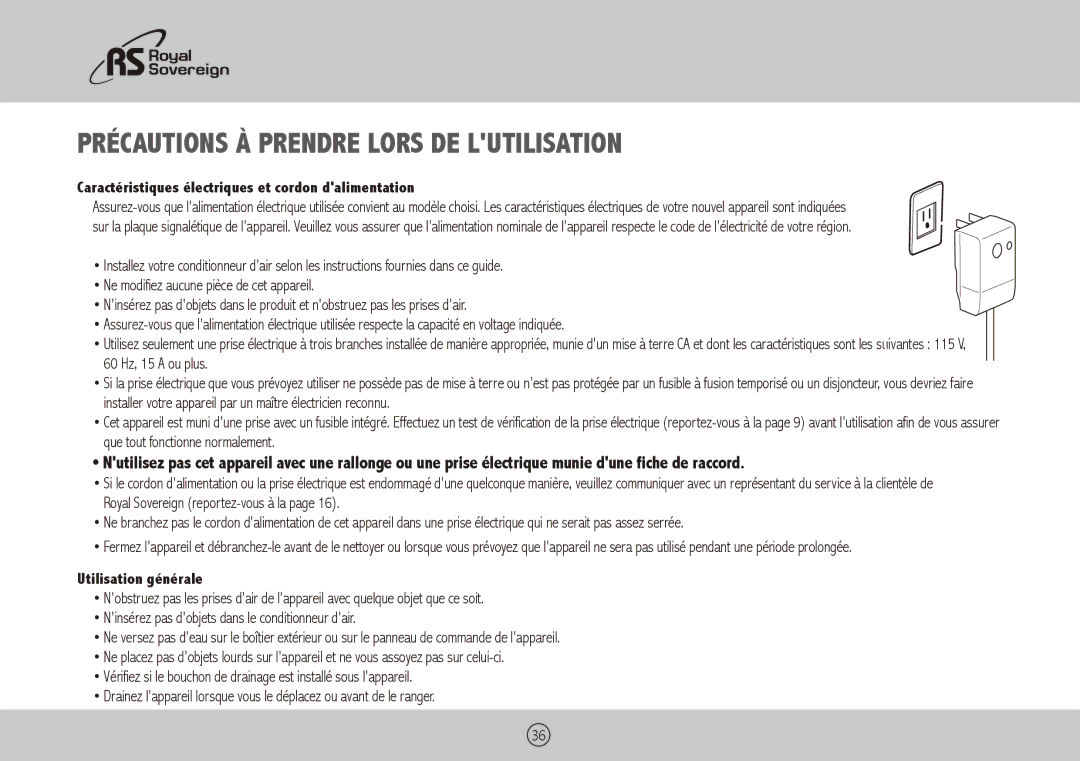 Royal Sovereign ARP-1400BLS, ARP-1400WW owner manual Précautions à prendre lors de lutilisation, Utilisation générale 