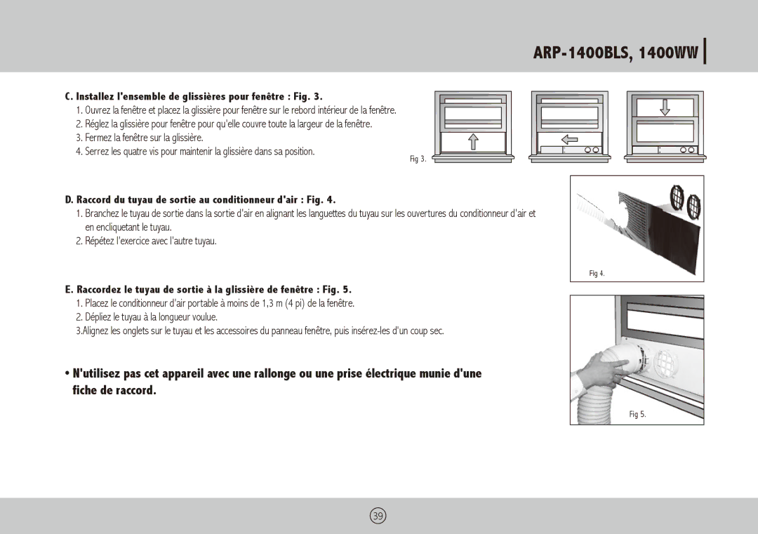 Royal Sovereign ARP-1400WW, ARP-1400BLS owner manual Installez lensemble de glissières pour fenêtre Fig 