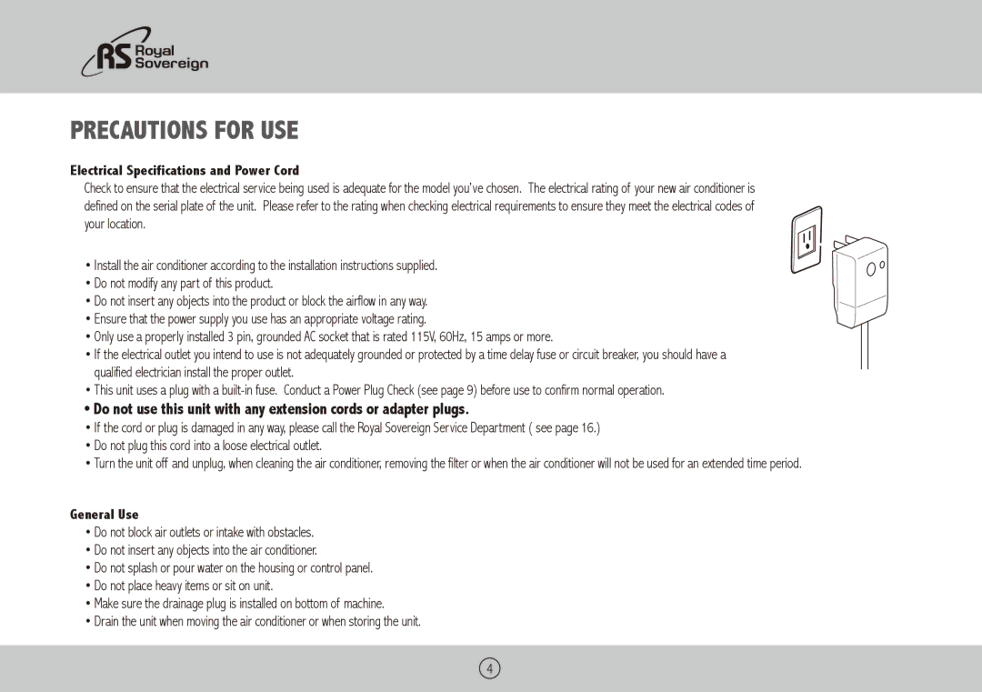 Royal Sovereign ARP-1400BLS, ARP-1400WW Precautions for use, Electrical Specifications and Power Cord, General Use 