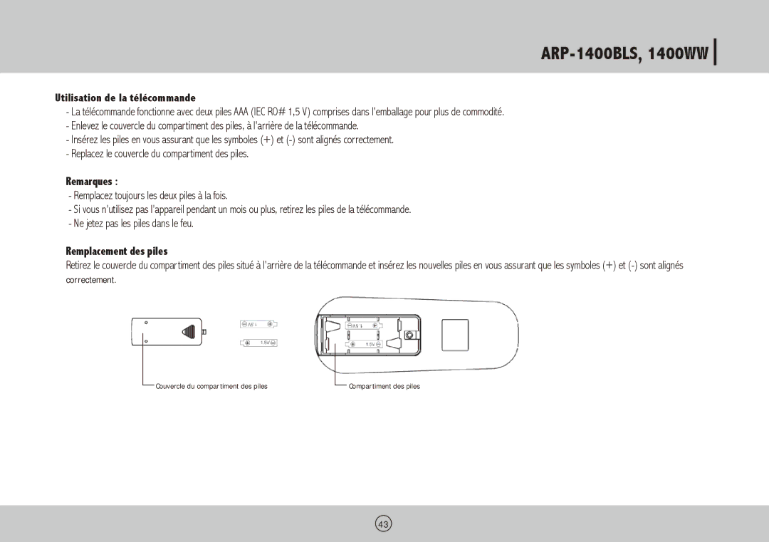 Royal Sovereign ARP-1400WW, ARP-1400BLS owner manual Utilisation de la télécommande, Remarques, Remplacement des piles 