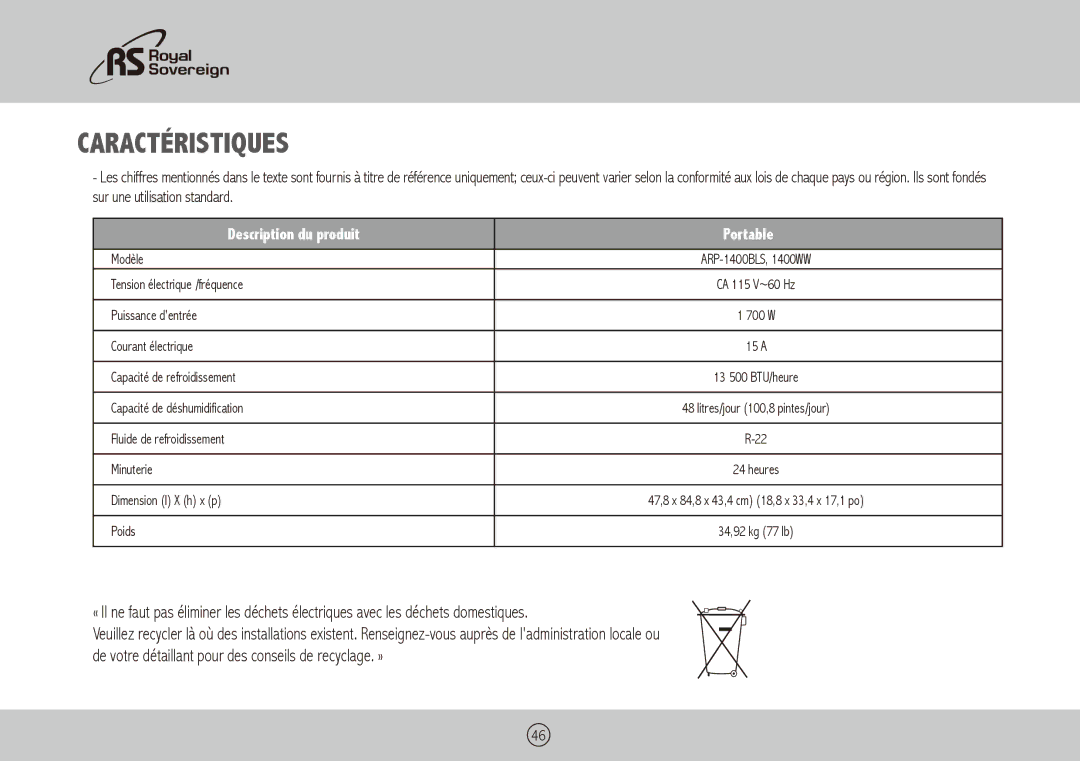 Royal Sovereign ARP-1400BLS, ARP-1400WW owner manual Caractéristiques, Description du produit Portable 