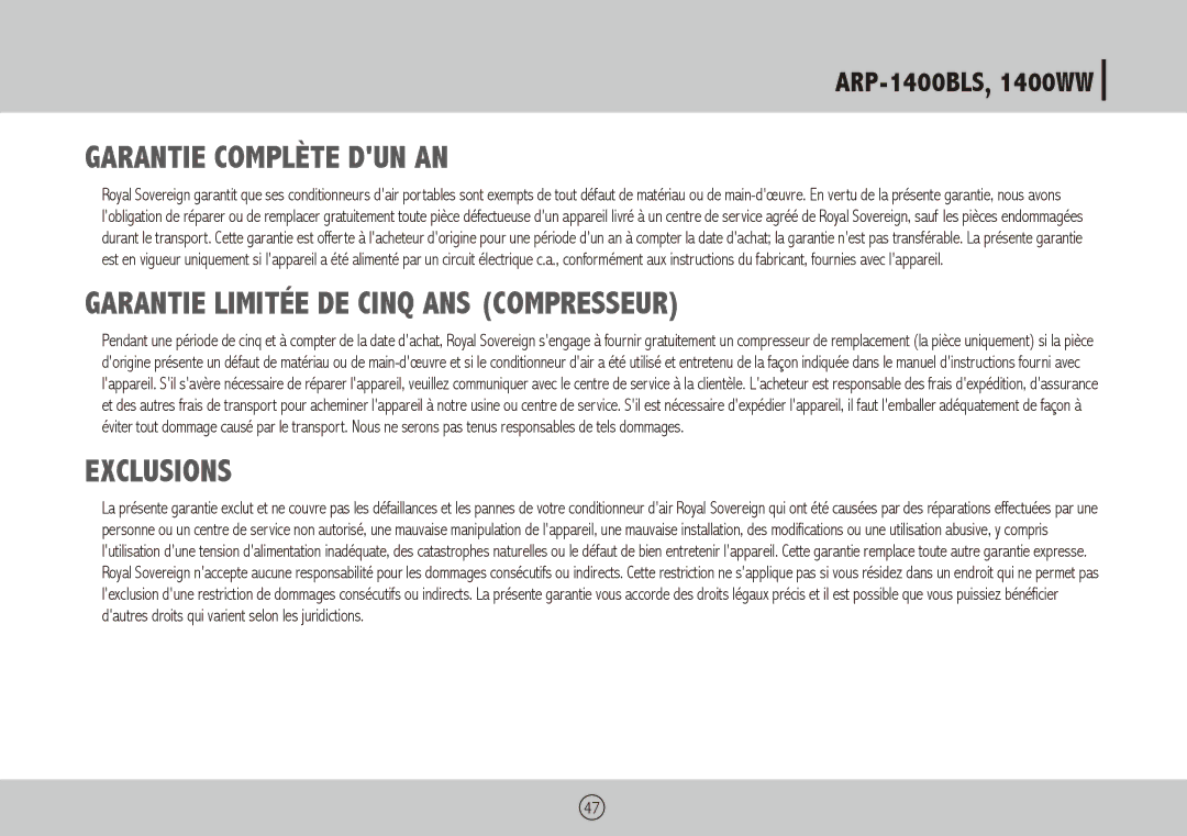 Royal Sovereign ARP-1400WW, ARP-1400BLS owner manual Garantie Complète DUN AN 