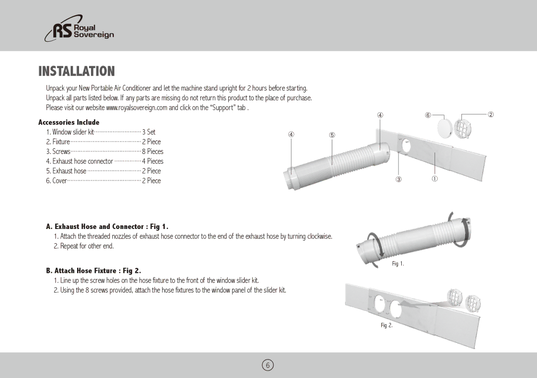 Royal Sovereign ARP-1400BLS Installation, Accessories Include, Exhaust Hose and Connector Fig, Attach Hose Fixture Fig 