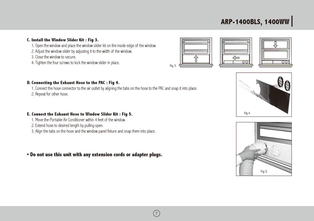 Royal Sovereign ARP-1400WW, ARP-1400BLS Install the Window Slider Kit Fig, Connecting the Exhaust Hose to the PAC Fig 