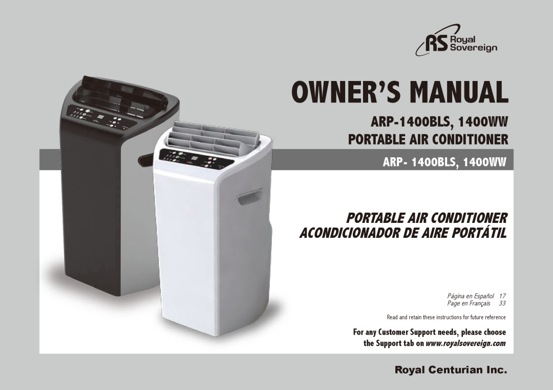 Royal Sovereign ARP-1400WW owner manual ARP-1400BLS,1400WW, portable air conditioner, ARP- 1400BLS, 1400WW 