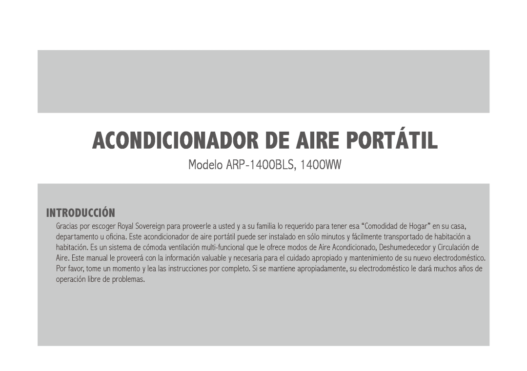 Royal Sovereign ARP-1400WW owner manual Acondicionador de Aire Portátil, Modelo ARP-1400BLS,1400WW, Introducción 