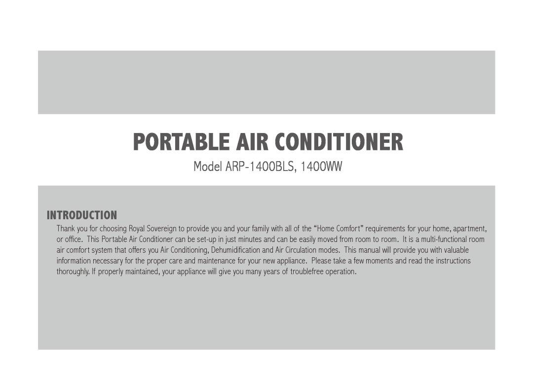 Royal Sovereign ARP-1400WW owner manual portable air conditioner, Model ARP-1400BLS,1400WW, Introduction 