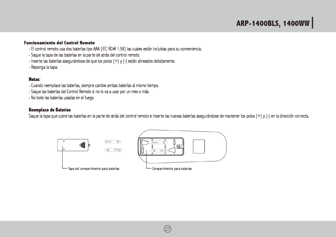 Royal Sovereign ARP-1400WW owner manual ARP-1400BLS,1400WW, Funcionamiento del Control Remoto, Notas, Reemplazo de Baterías 
