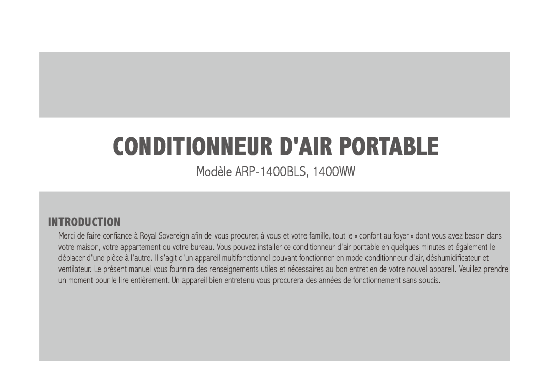 Royal Sovereign ARP-1400WW owner manual Modèle ARP-1400BLS,1400WW, Conditionneur Dair Portable, Introduction 