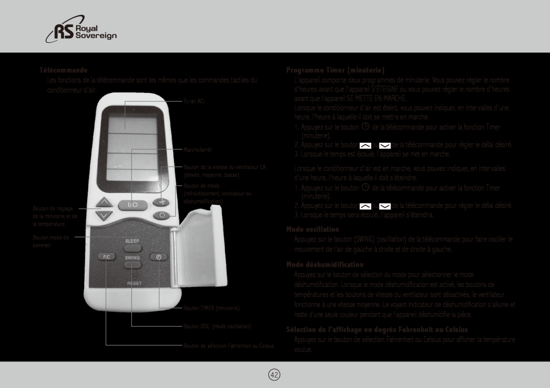 Royal Sovereign ARP-1400BLS Télécommande, Programme Timer minuterie, Mode oscillation, Mode déshumidification, voulue 
