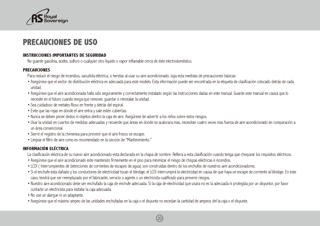 Royal Sovereign ARP-2412 owner manual Precauciones DE USO, Instrucciones Importantes de Seguridad, Información Eléctrica 