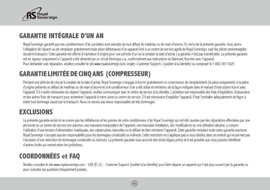 Royal Sovereign ARP-2412 Garantie Intégrale DUN AN, GARANTIE LIMITÉE DE CINQ ANS Compresseur, Coordonnées et FAQ 