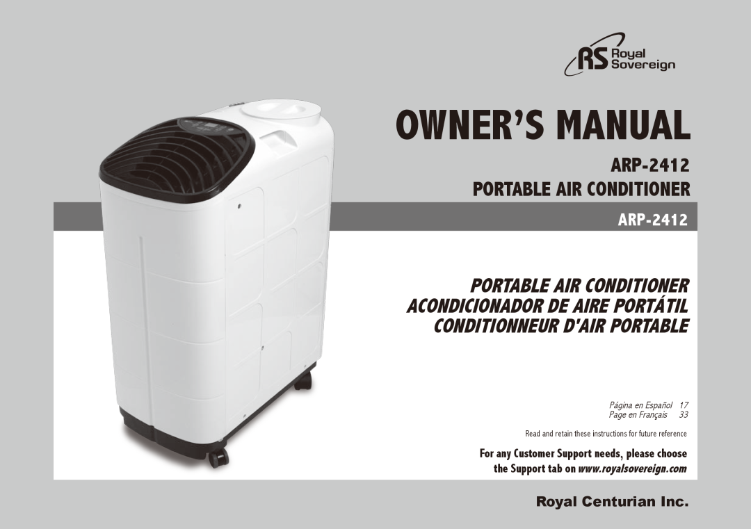 Royal Sovereign ARP-2412 owner manual portable air conditioner, Royal Centurian Inc, Portable Air Conditioner 