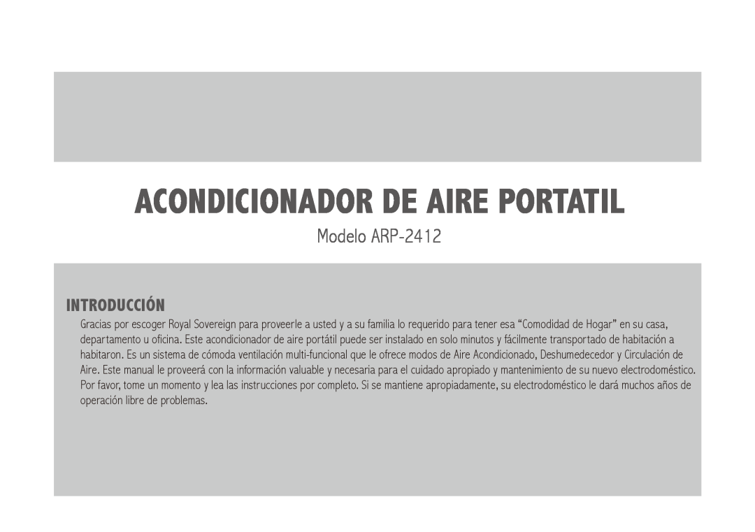 Royal Sovereign owner manual Modelo ARP-2412, Introducción, Acondicionador De Aire Portatil 