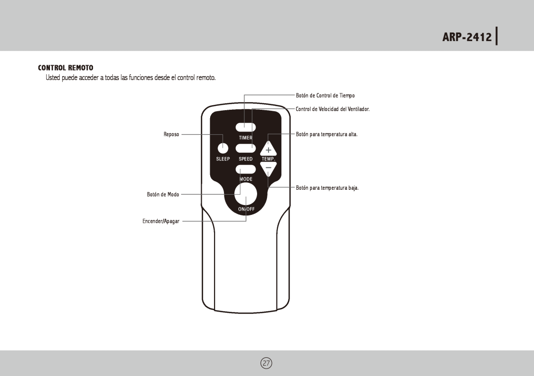Royal Sovereign ARP-2412 owner manual Control Remoto, Reposo Botón de Modo Encender/Apagar, Botón de Control de Tiempo 
