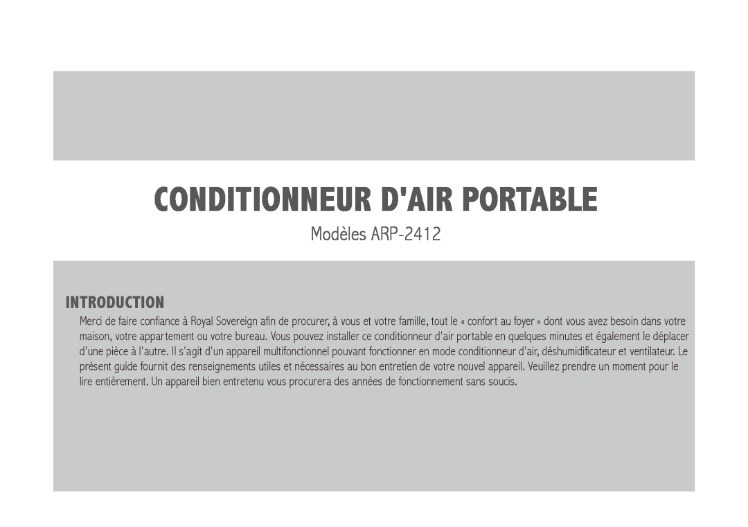 Royal Sovereign owner manual Conditionneur dair portable, Modèles ARP-2412, Introduction 