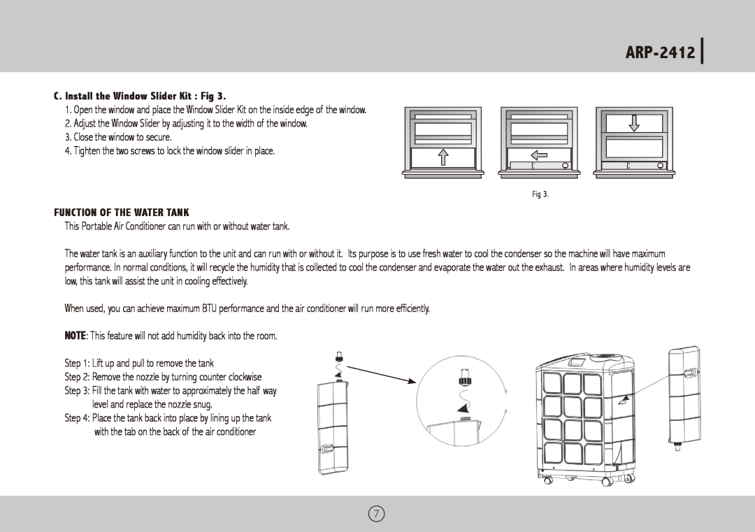 Royal Sovereign ARP-2412 owner manual C. Install the Window Slider Kit Fig, Function Of The Water Tank 
