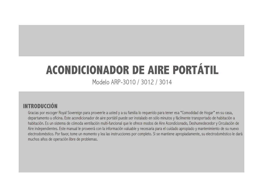 Royal Sovereign ARP-3010 owner manual Acondicionador de Aire Portátil 