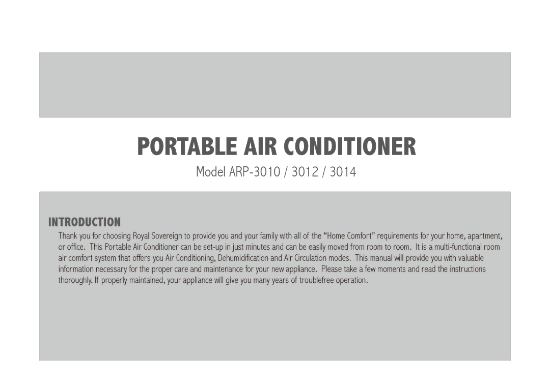 Royal Sovereign ARP-3010 owner manual Portable air conditioner 