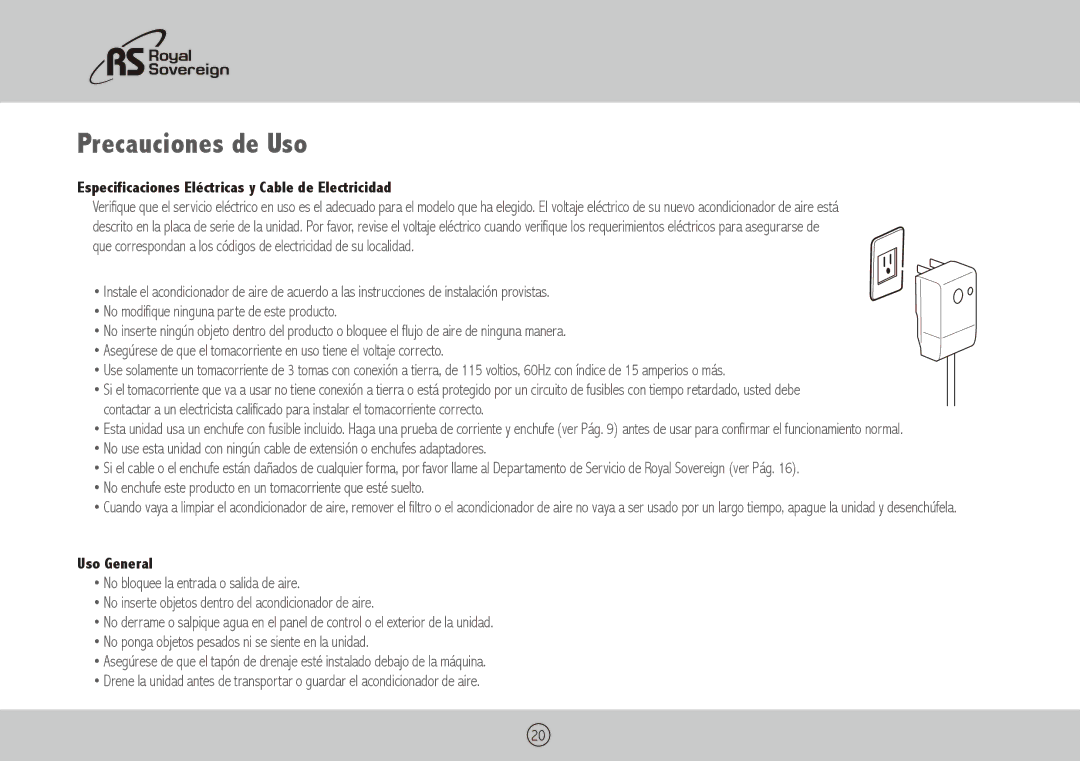 Royal Sovereign ARP-3010 owner manual Precauciones de Uso, Especificaciones Eléctricas y Cable de Electricidad, Uso General 