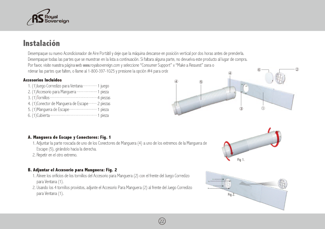 Royal Sovereign ARP-3010 owner manual Instalación, Accesorios Incluidos, Manguera de Escape y Conectores Fig 
