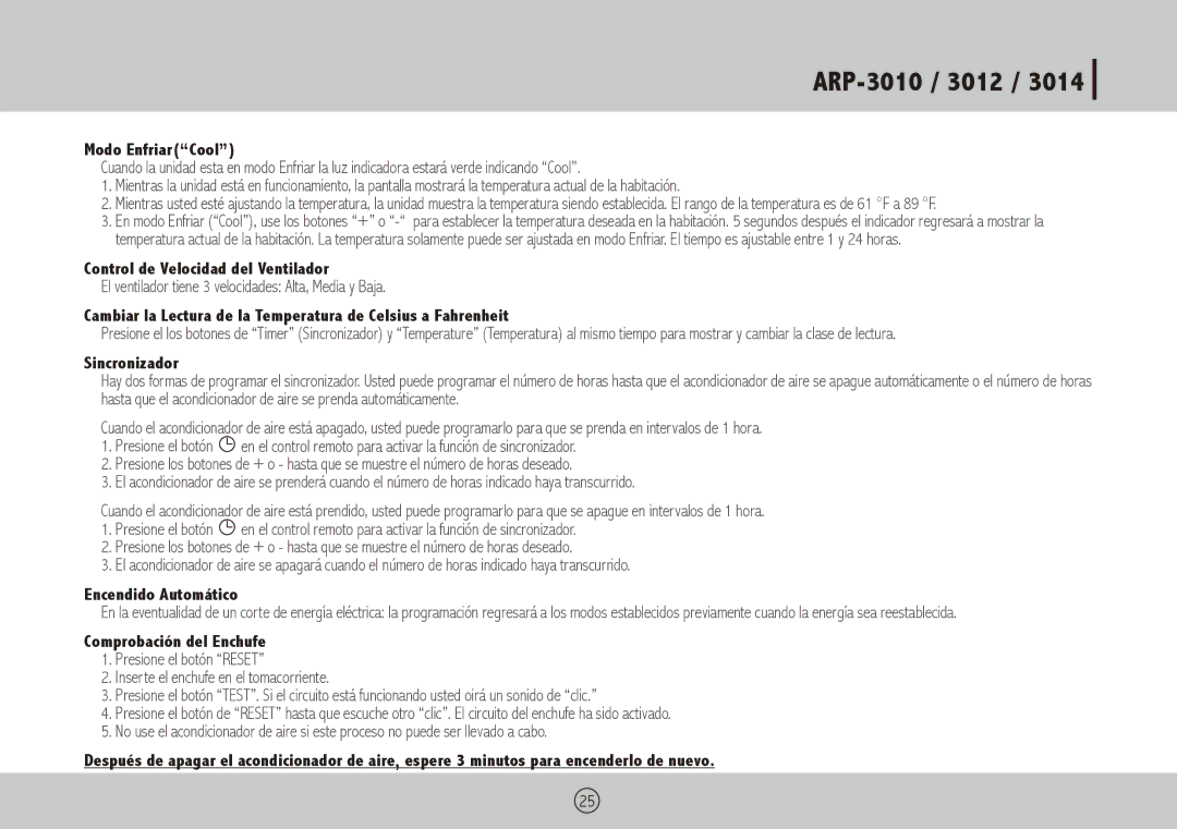 Royal Sovereign ARP-3010 Modo EnfriarCool, Control de Velocidad del Ventilador, Sincronizador, Encendido Automático 