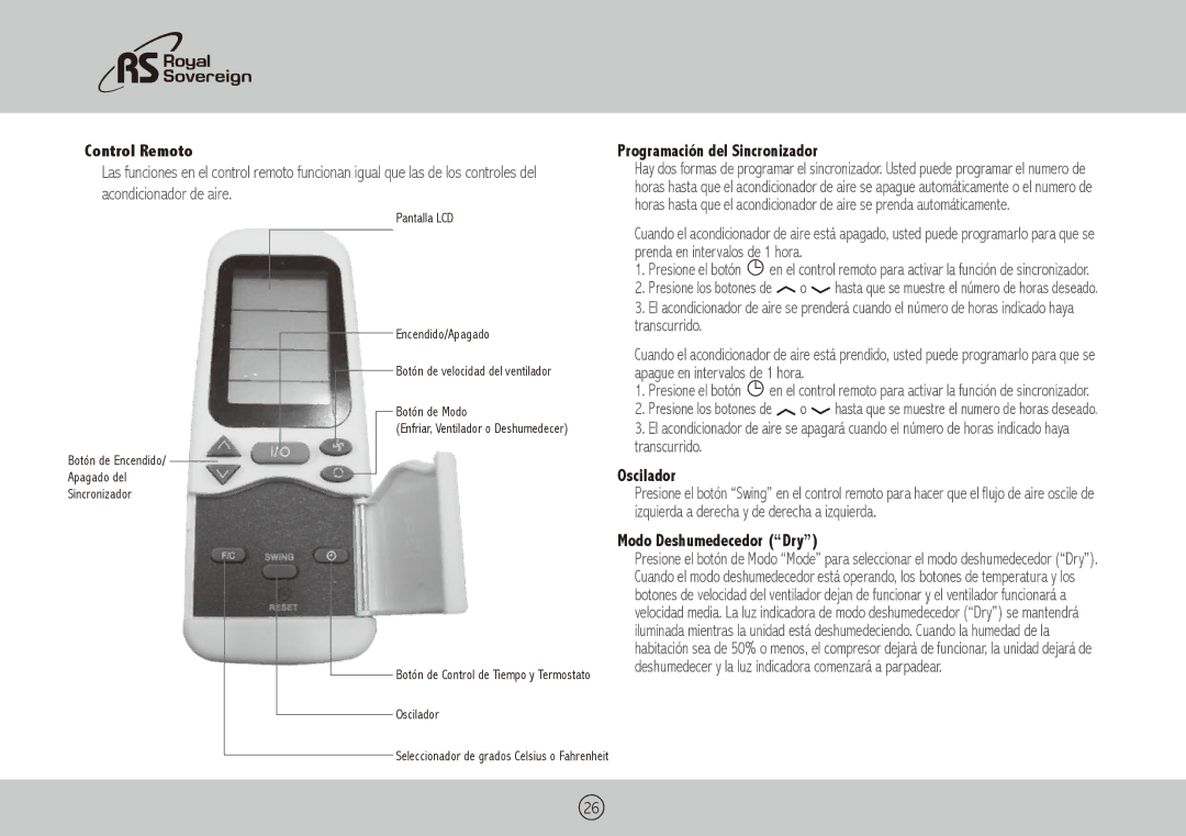 Royal Sovereign ARP-3010 owner manual Control Remoto, Programación del Sincronizador, Oscilador, Modo Deshumedecedor Dry 